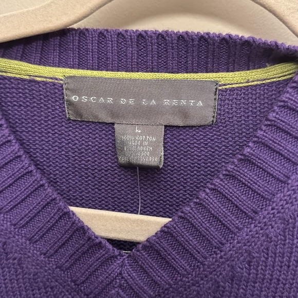 NWT Oscar de la renta men’s purple cotton cable v neck sweater L - Picture 3 of 5